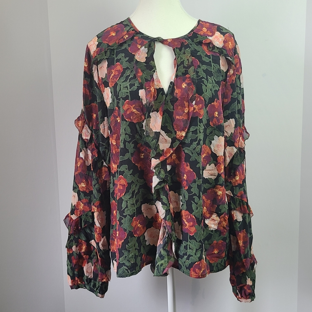 ECRU 100% silk long sleeve peephole chest ruffled sleeves romantic blouse, XL
